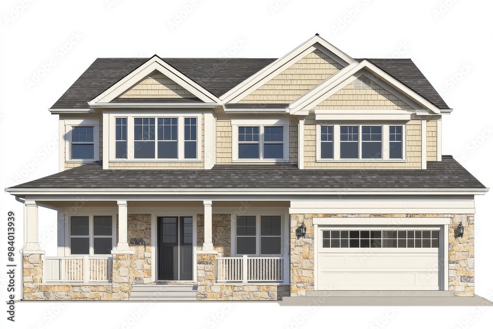 Create an image of a two-story traditional suburban house with a stone and beige exterior Create an image of a two-story traditional suburban house with a stone and beige exterior
