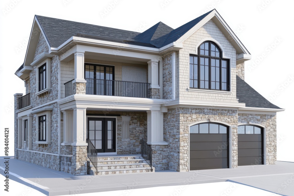 Create an image of a two-story traditional suburban house with a stone and beige exterior