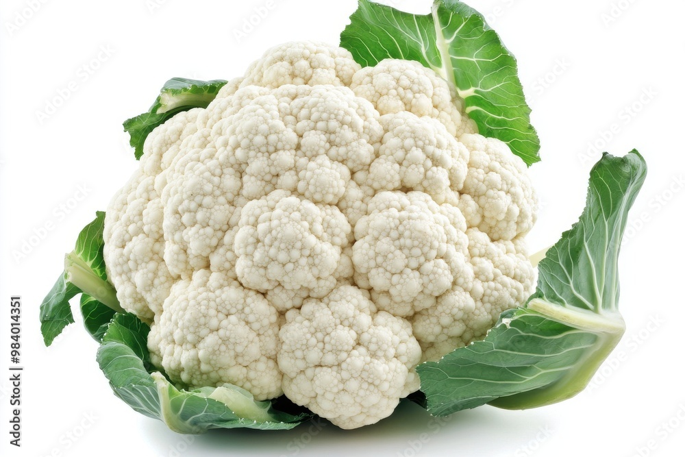 Create an image of a whole, fresh cauliflower with bright white florets and green leaves around
