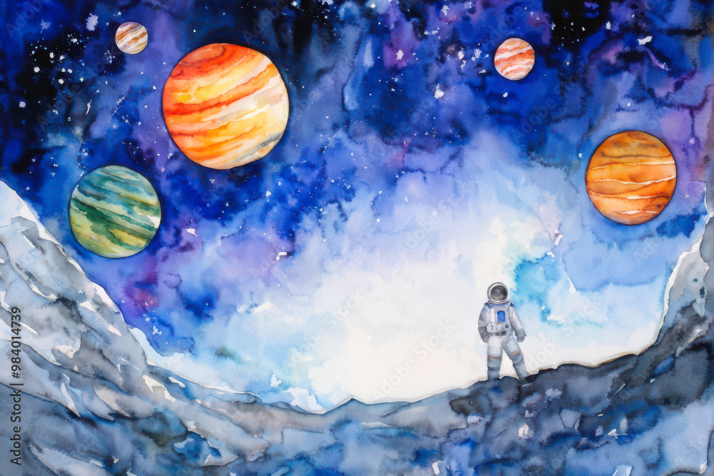 Naklejka premium Dreamy watercolor illustration of an astronaut exploring a surreal galaxy, with planets, rocks, and clouds floating in space. Space exploration meets fantasy in this celestial scene. generative AI