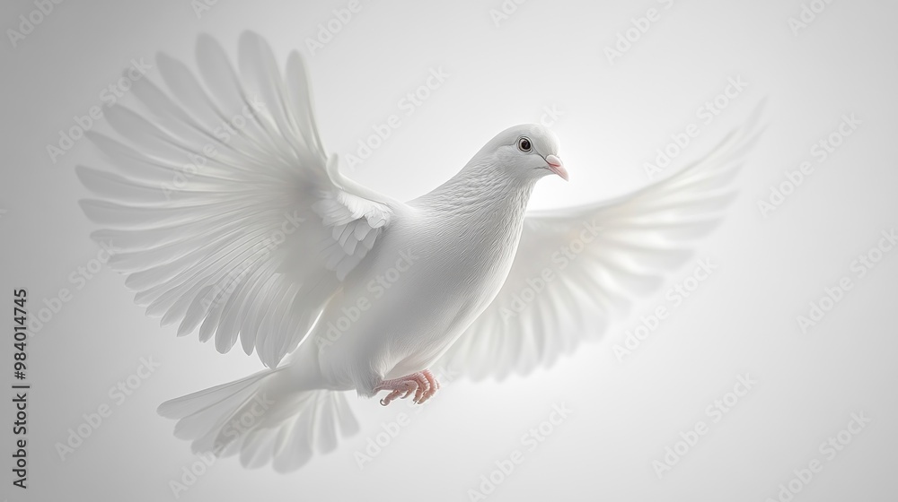A graceful white dove in flight against a soft background. A graceful white dove in flight against a soft background.