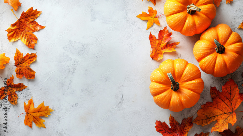autumnal background with pumpkins and fall leaves on white textured surface with copy space