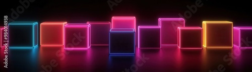 Multiple neon cubes of various sizes, glowing in different neon shades, arranged in a symmetrical pattern against a black background, creating a striking visual contrast