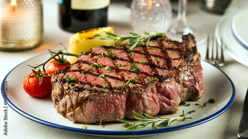 Juicy medium rare grilled ribeye steak with a perfect sear, served with roasted cherry tomatoes, golden potatoes, and fresh herbs on a plate, creating a delicious and rustic gourmet presentation. Juicy medium rare grilled ribeye steak with a perfect sear, served with roasted cherry tomatoes, golden potatoes, and fresh herbs on a plate, creating a delicious and rustic gourmet presentation.