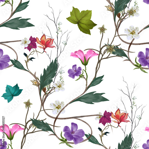  Beautiful seamless pattern  painting wiht flower, botany. print for fabric, textile, packaging , on white background