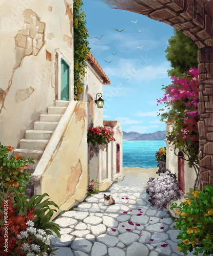 Fototapeta samoprzylepna Illustration Painting seaside outdoor summer ambience morning wiht flowers