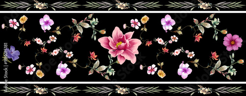 Beautiful seamless pattern; painting wiht flower; botany. print for fabric; textile; packaging; on dark background