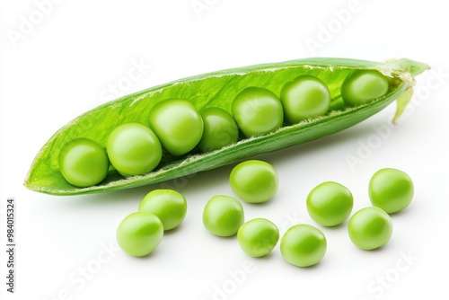 Create an image of an opened pea pod displaying bright green peas inside