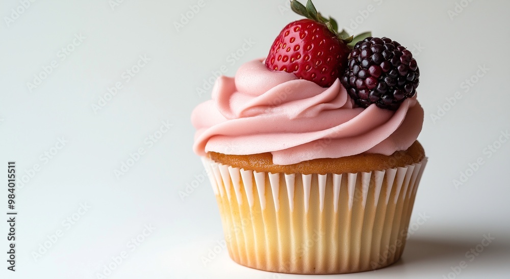 A cupcake with pink cream and strawberry A cupcake with pink cream and strawberry