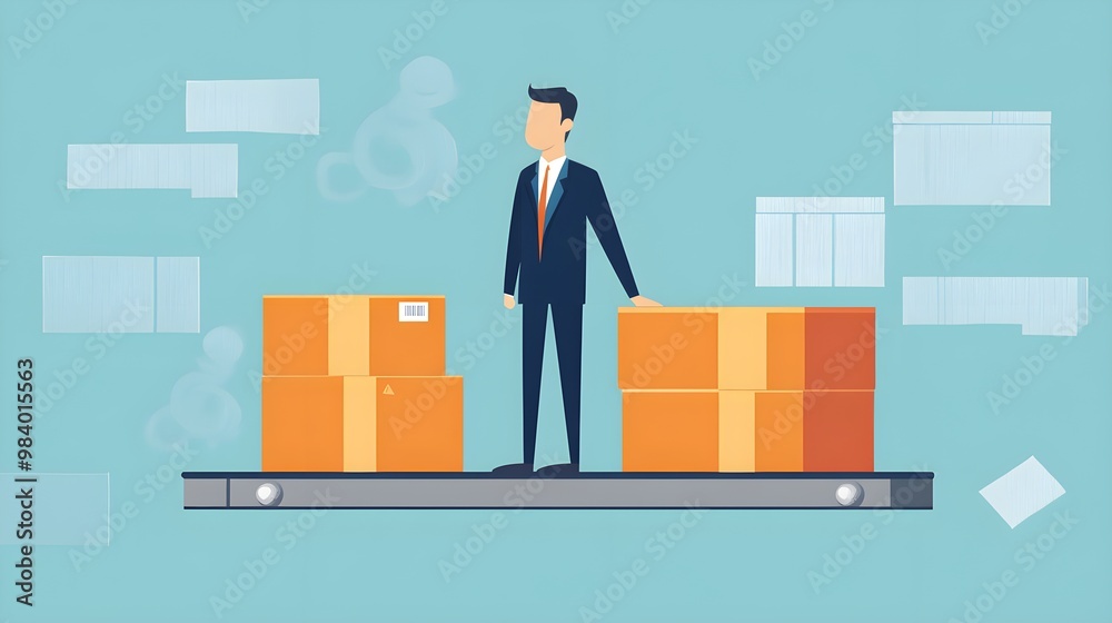 Businessman Standing Near Conveyor Belt With Packages Businessman Standing Near Conveyor Belt With Packages