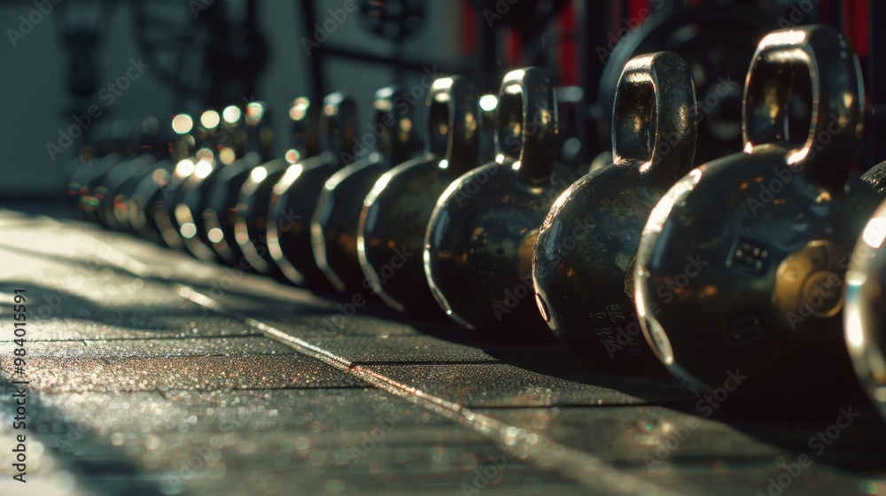 Shiny kettlebells in a gym ready for exercise, capturing the spirit of fitness and strength training for all levels of athletes. Shiny kettlebells in a gym ready for exercise, capturing the spirit of fitness and strength training for all levels of athletes.