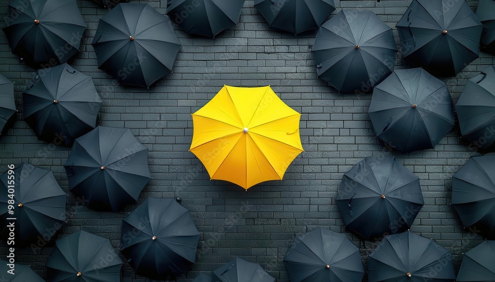 Top-down view of a vivid yellow umbrella surrounded by a circle of black umbrellas, creating a striking contrast of color and mood Top-down view of a vivid yellow umbrella surrounded by a circle of black umbrellas, creating a striking contrast of color and mood