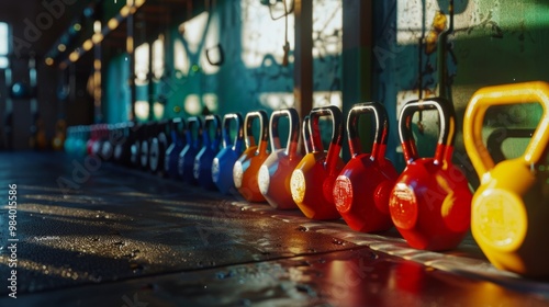 Colorful kettlebells arranged neatly in a gym. Bright weights for strength training and fitness enthusiasts. Perfect for workout inspiration.
