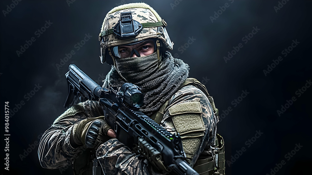 A Soldier in Camouflage Uniform Holds a Rifle and Stares Intently into the Distance Against a Dark Background A Soldier in Camouflage Uniform Holds a Rifle and Stares Intently into the Distance Against a Dark Background