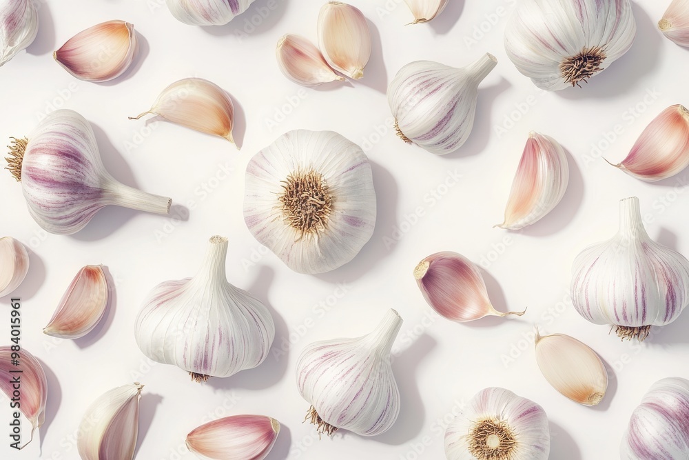 Create an image of several whole garlic bulbs and cloves, arranged in a scattered formation. Create an image of several whole garlic bulbs and cloves, arranged in a scattered formation.