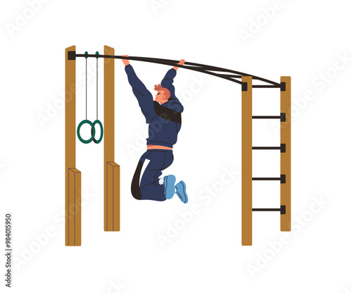 Athlete hanging on horizontal bar on street workout ground. Man in sportswear does physical exercise on sport equipment. Person training strength. Flat isolated vector illustration on white background