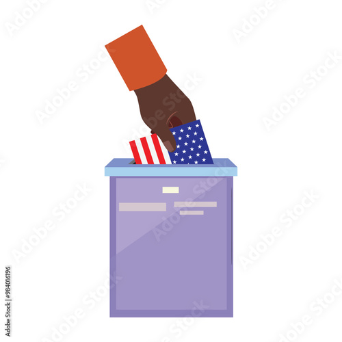 Hand placing American flag in voting box, symbolising participation in election