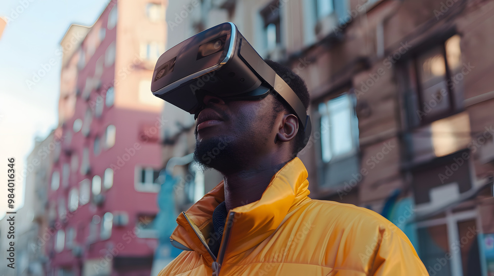 Fototapeta premium A man wearing virtual glasses will wipe while controlling a program or device. AI Generated