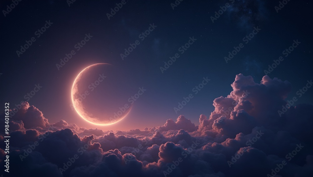 Glowing crescent moon in violet nebula clouds with twinkling stars