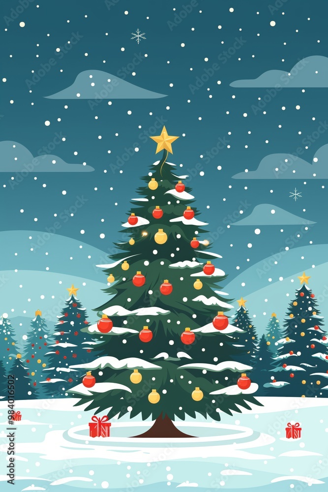 Fototapeta premium A Christmas tree with many ornaments is surrounded by trees in a snowy landscape