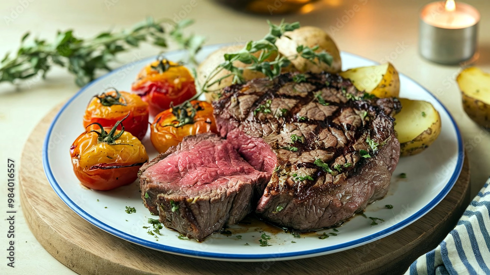 Juicy medium rare grilled ribeye steak with a perfect sear, served with roasted cherry tomatoes, golden potatoes, and fresh herbs on a plate, creating a delicious and rustic gourmet presentation. Juicy medium rare grilled ribeye steak with a perfect sear, served with roasted cherry tomatoes, golden potatoes, and fresh herbs on a plate, creating a delicious and rustic gourmet presentation.