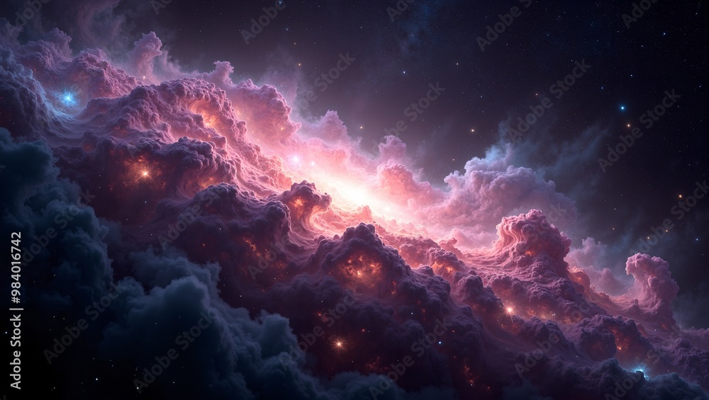 Glowing nebula in cosmic dust field with bright stars