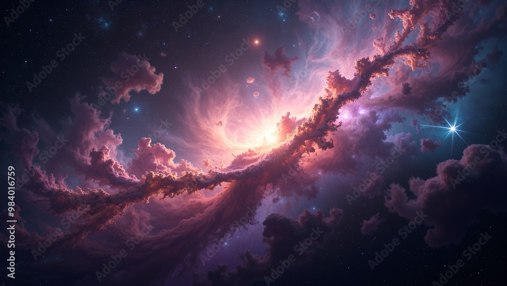 Naklejka premium Glowing nebula in cosmic dust field with bright stars