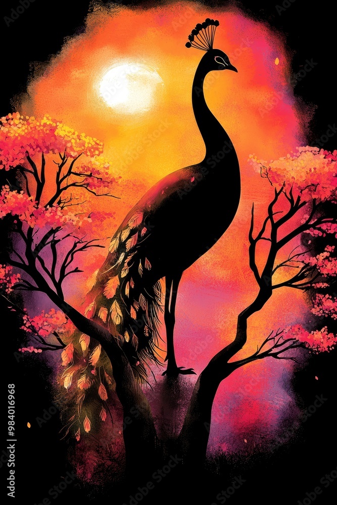 Fototapeta premium Peacock Silhouette in a Sunset Landscape