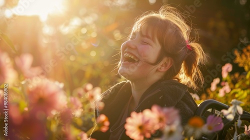 Joyful moments in nature: a girl laughs among blooming flowers under the warm sunlight