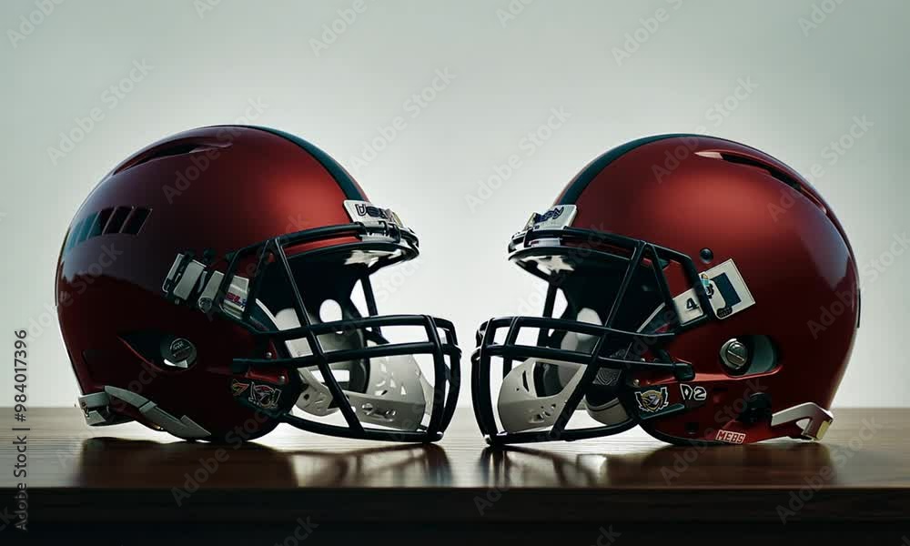 Two Football Helmets Displayed Side by Side Two Football Helmets Displayed Side by Side