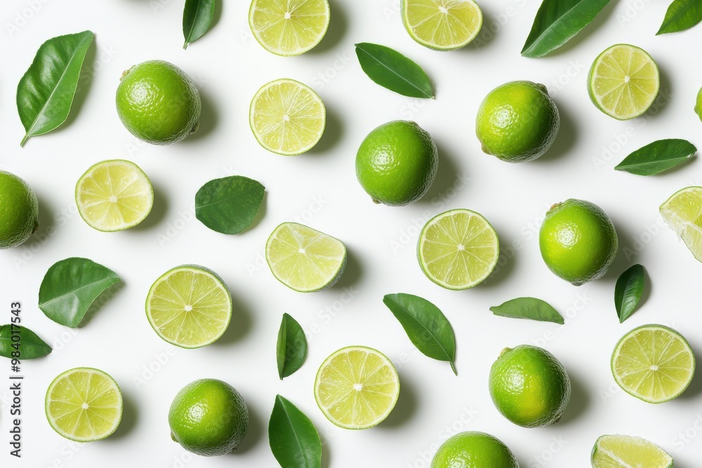 Design an image featuring whole and sliced limes arranged randomly across the frame Design an image featuring whole and sliced limes arranged randomly across the frame