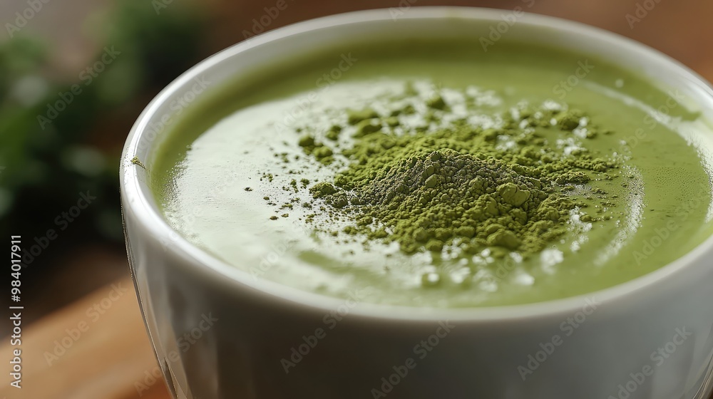 Closeup of a Green Tea Matcha Latte with Latte Art in a White Cup - Traditional Hot Beverage with Powder and Soy Milk Closeup of a Green Tea Matcha Latte with Latte Art in a White Cup - Traditional Hot Beverage with Powder and Soy Milk