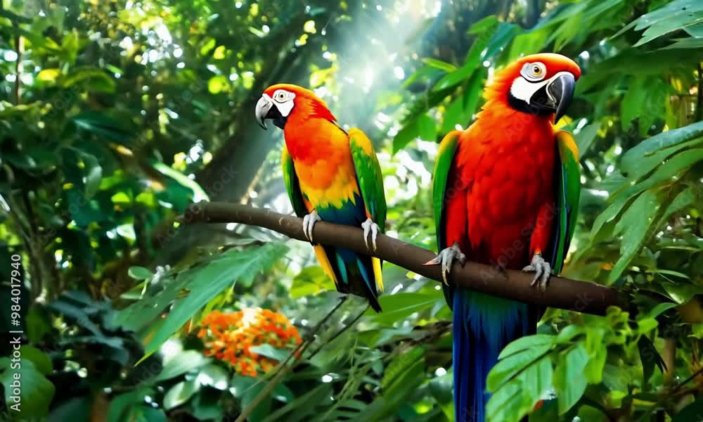 Vibrant Macaws Among Lush Tropical Flowers in the Rainforest Vibrant Macaws Among Lush Tropical Flowers in the Rainforest