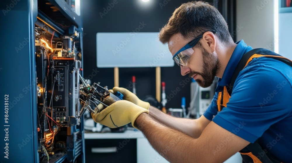 Remote assistance, technician helping with broken machinery, repair sign in background Remote assistance, technician helping with broken machinery, repair sign in background