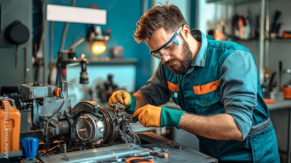 Remote assistance, technician helping with broken machinery, repair sign in background Remote assistance, technician helping with broken machinery, repair sign in background