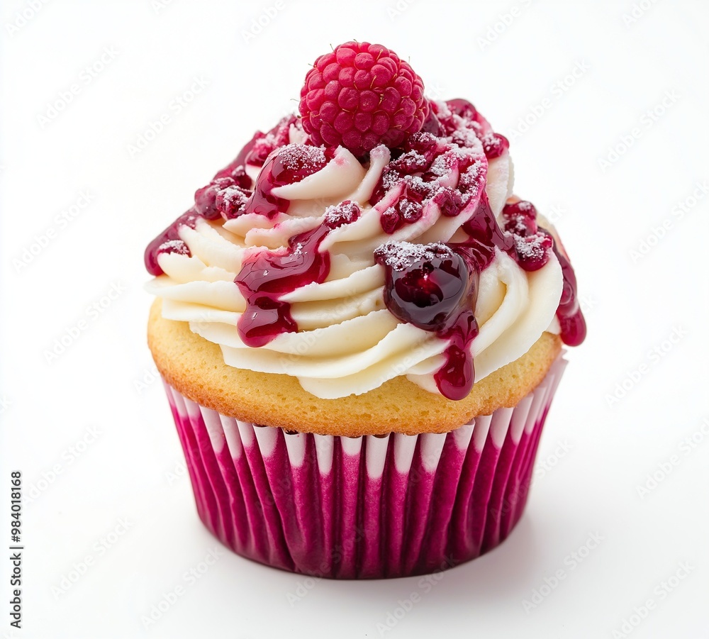 Cupcake with white cream and raspberries on isolated background Cupcake with white cream and raspberries on isolated background