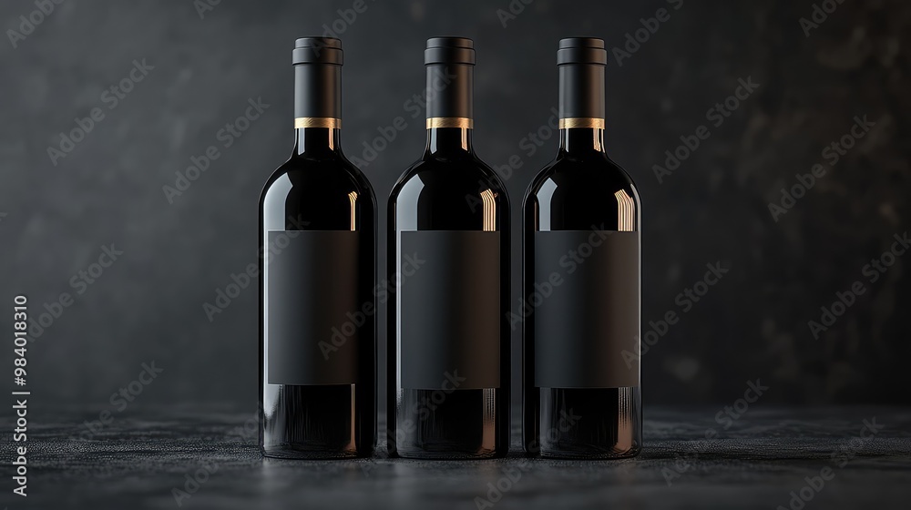 Three Black Wine Bottles with Blank Labels on Abstract Dark Background, Perfect for Red Wine Branding and Marketing Concepts, 3D Rendering Mock-Up Three Black Wine Bottles with Blank Labels on Abstract Dark Background, Perfect for Red Wine Branding and Marketing Concepts, 3D Rendering Mock-Up