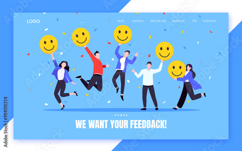 Employee happiness and work attitude feedback business concept flat style vector illustration. Business people with various feedback emoticons. Working wellbeing and satisfaction feedback