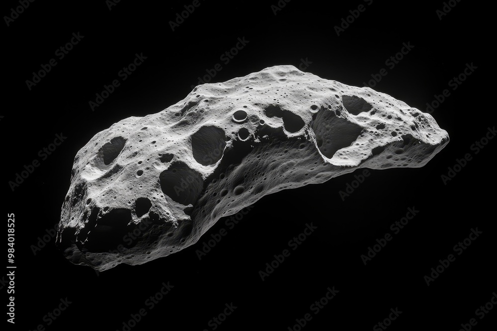 A detailed view of a rocky asteroid floating in space against a black background, showcasing its cratered surface and unique structure A detailed view of a rocky asteroid floating in space against a black background, showcasing its cratered surface and unique structure