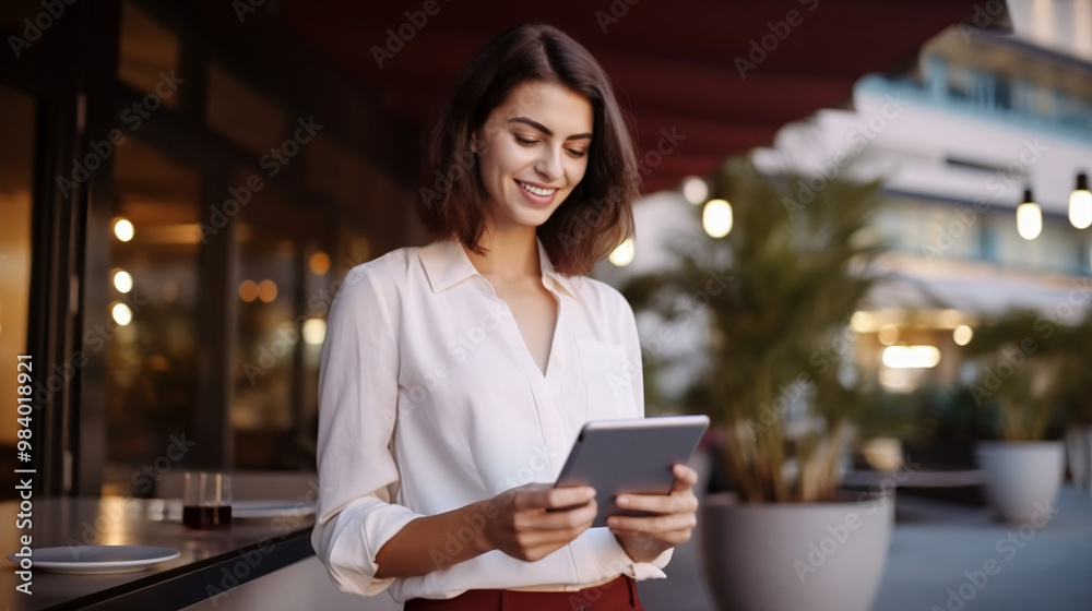 Fototapeta premium A woman in her late thirties, wearing business casual, stands smiling at an iPad she is holding. 