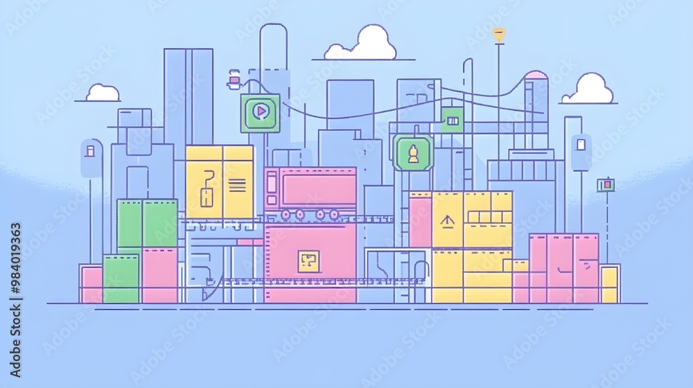 Fototapeta premium Abstract Cityscape Illustration with Buildings Clouds and Train