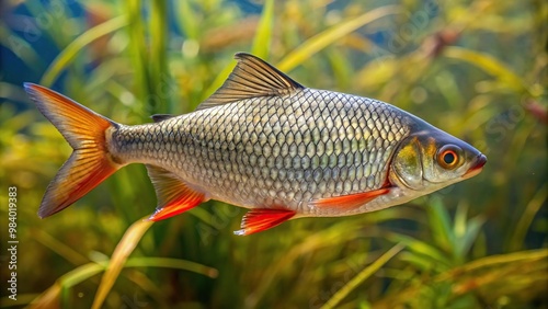 Aerial view of Rudd fish swimming in pond photo