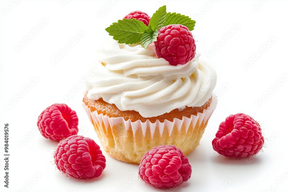 Cupcake with white cream and raspberries on isolated background Cupcake with white cream and raspberries on isolated background