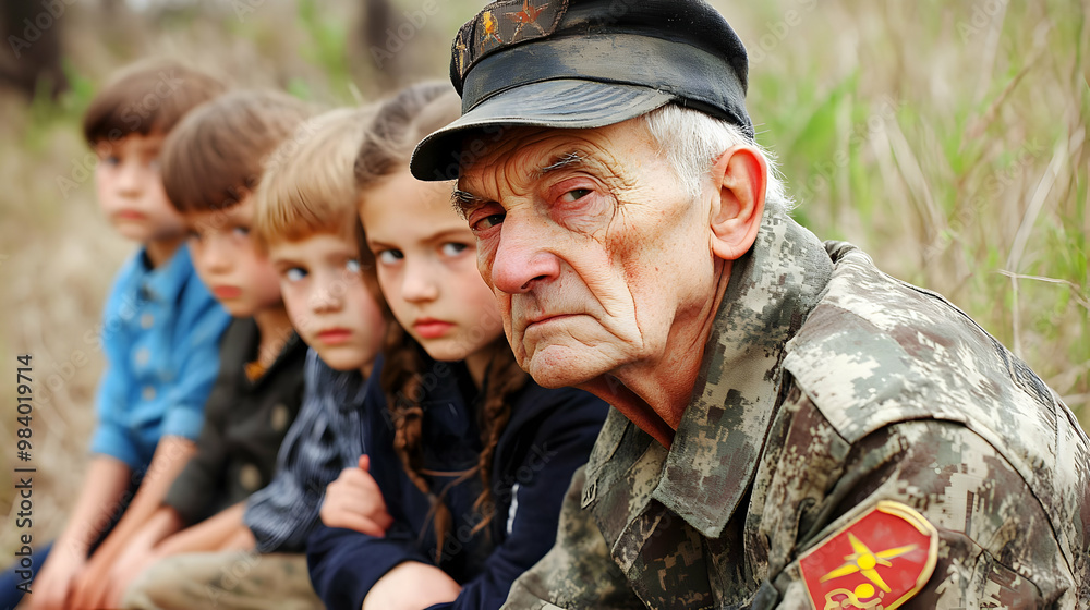 A Veteran in Military Uniform Sits with Children in Front of a Grassy Background A Veteran in Military Uniform Sits with Children in Front of a Grassy Background