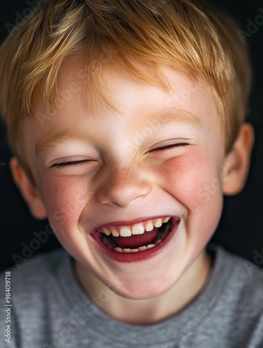 Smiling boy with blonde hair, joyful expression on a dark background. photo