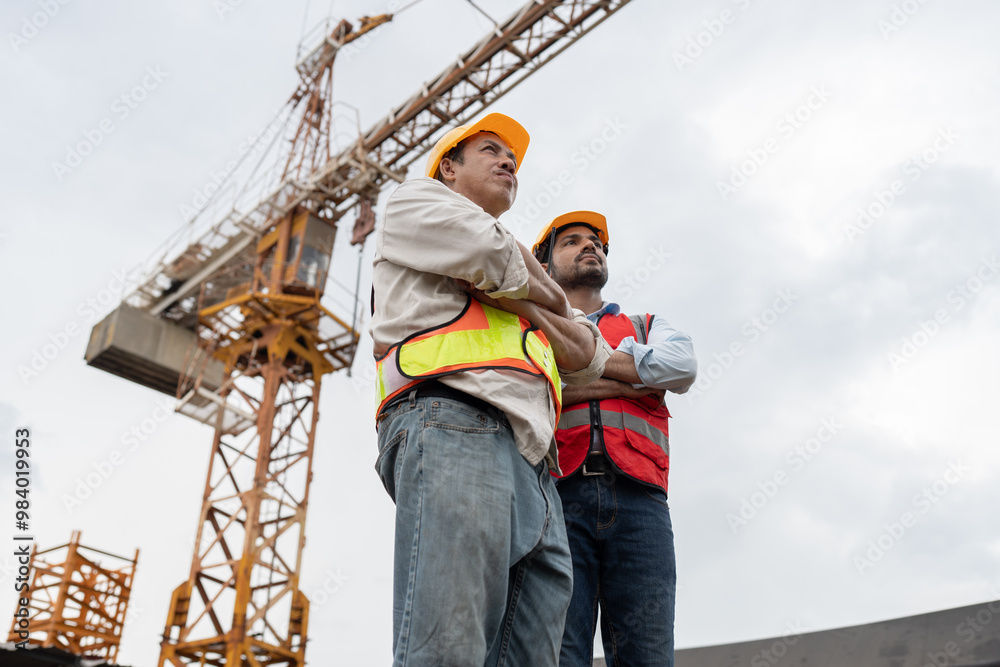 Asia engineer man worker and India engineer man working with crane background Asia engineer man worker and India engineer man working with crane background