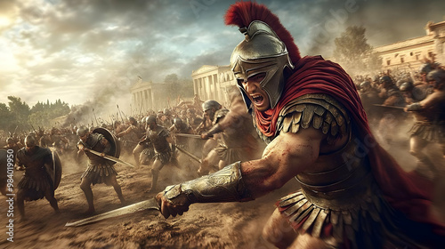 A Roman Gladiator  Charging into Battle with a Sword in Hand, Surrounded by Fellow Warriors During a  Fierce  Clash on a  Dusty Battlefield with an Ancient  Temple in the Background