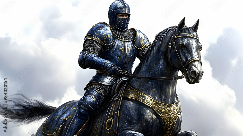 Fototapeta premium A Digital Illustration of a Knight in Full Armor Riding a Black Horse with Golden Accents Against a Cloudy Sky
