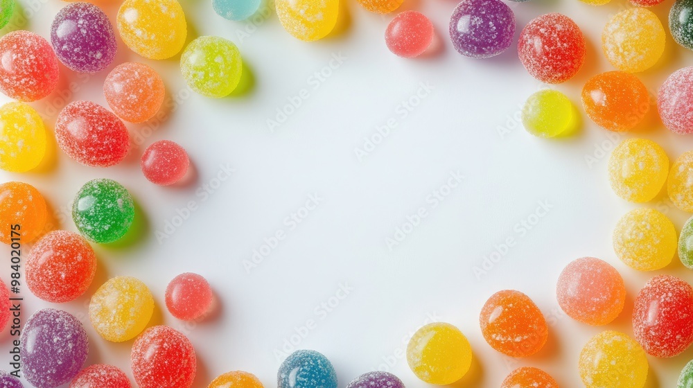 A mix of bright, multicolored jelly candies arranged in a circle, leaving the center area free for text input or a logo. Perfect for vibrant, cheerful designs. A mix of bright, multicolored jelly candies arranged in a circle, leaving the center area free for text input or a logo. Perfect for vibrant, cheerful designs.