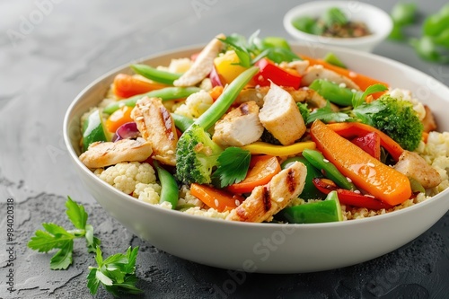Cauliflower rice stir-fry with colorful vegetables and chicken strips, photo realistic, copy space for text, Low-Carb Diet, low-carb stir-fry photo